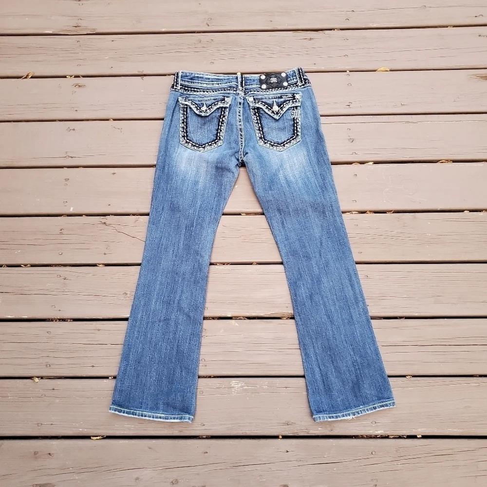 Miss Me Signature Buckle Mid-Rise Bootcut‎ Flare Embroidered Bling Stretch Jeans